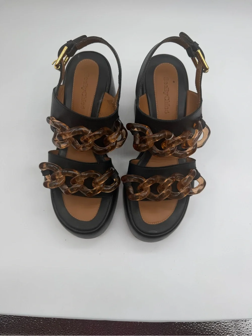 See by Chloé Black Platform Sandals with Tortoiseshell Chain Sz 39 EU 8 US